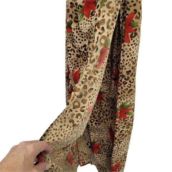 Vintage Tan Leopard Red Lily Print Sleeveless Mock Side Tie Hostess Dress Sz M - Picture 13 of 14